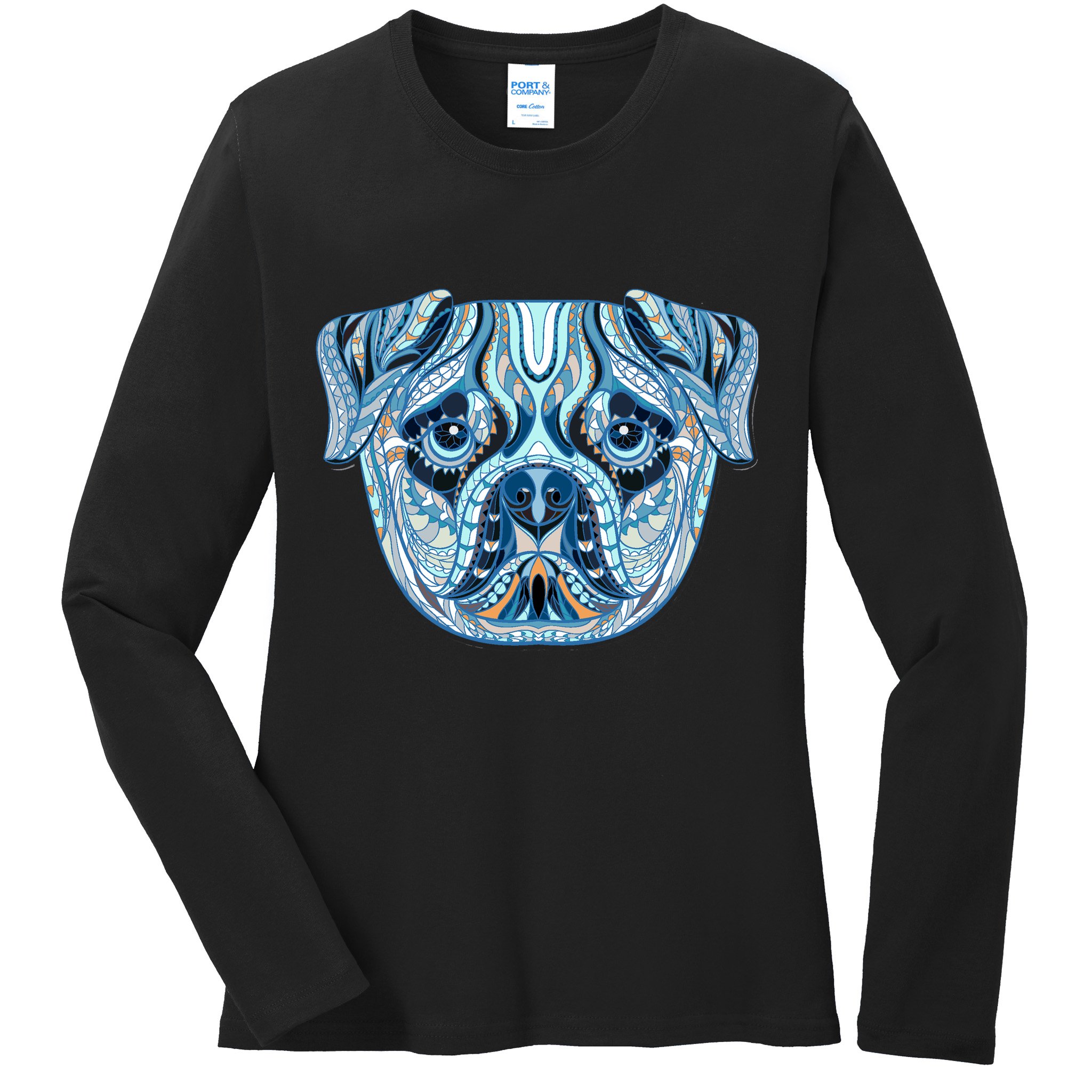 Cool Ethnic Trippy Pug Dog Face Ladies Long Sleeve Shirt