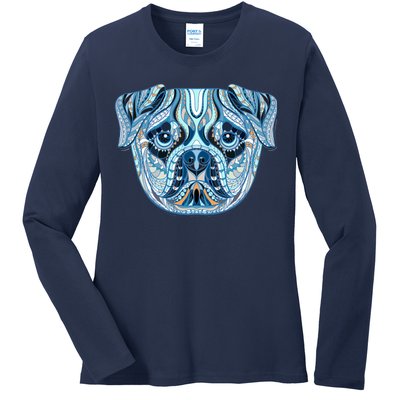 Cool Ethnic Trippy Pug Dog Face Ladies Long Sleeve Shirt