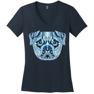 Cool Ethnic Trippy Pug Dog Face Women's V-Neck T-Shirt