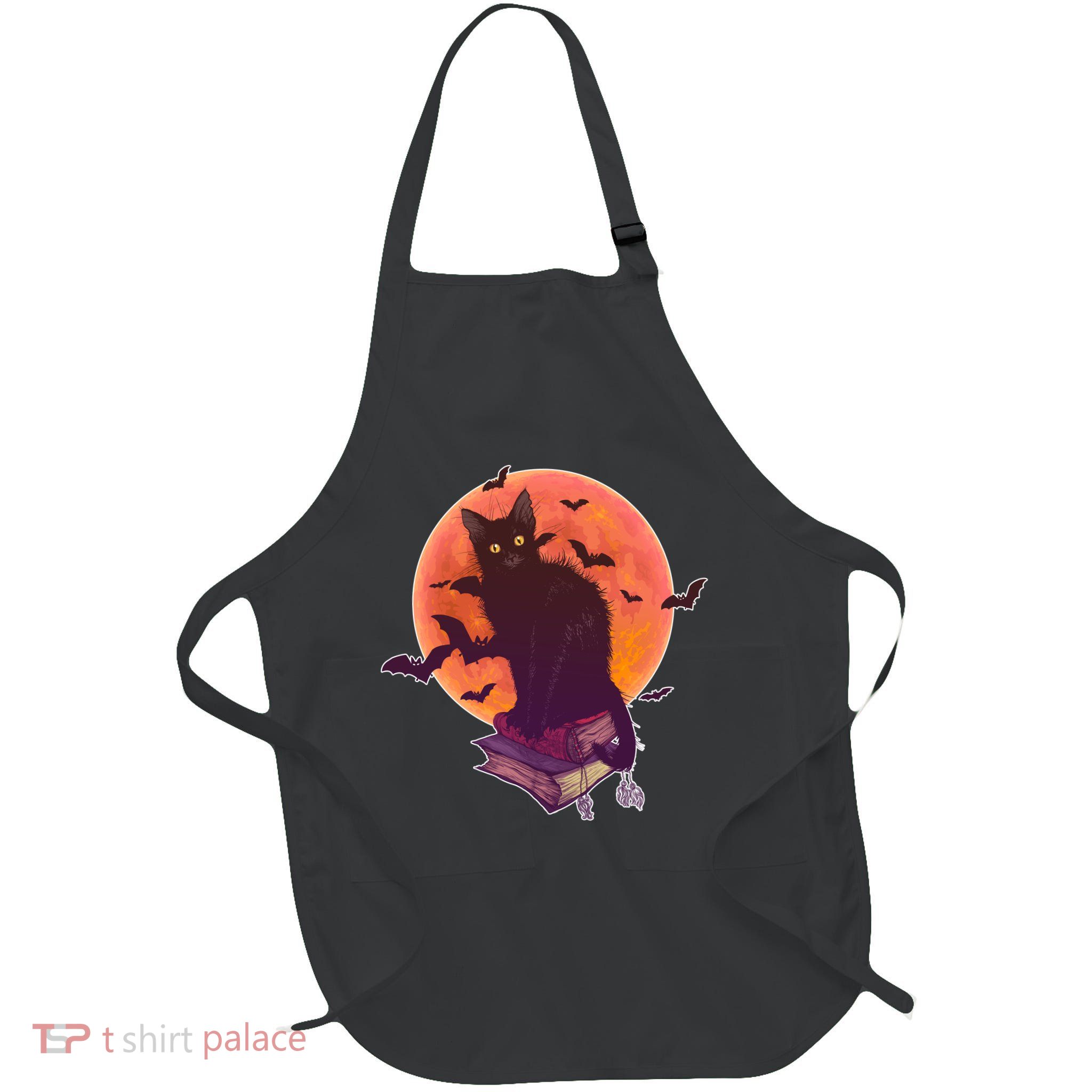 Cool Halloween Black Cat Moon Full-Length Apron With Pockets