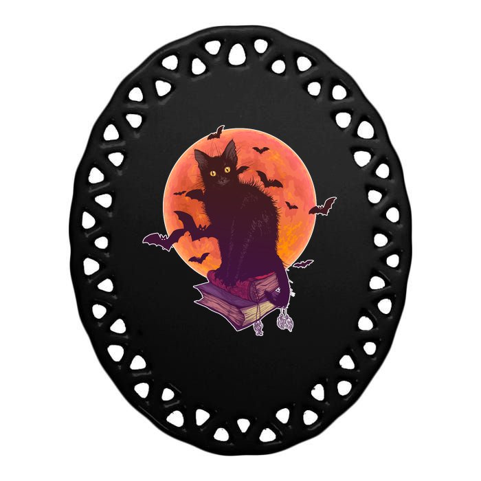 Cool Halloween Black Cat Moon Ceramic Oval Ornament