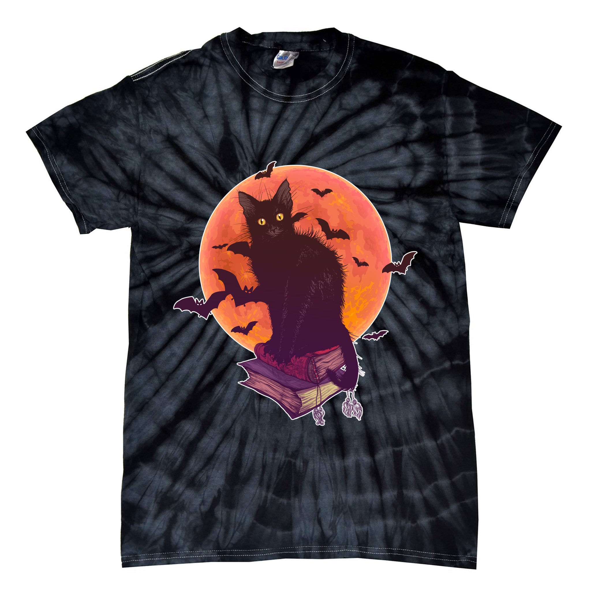 Cool Halloween Black Cat Moon Tie-Dye T-Shirt