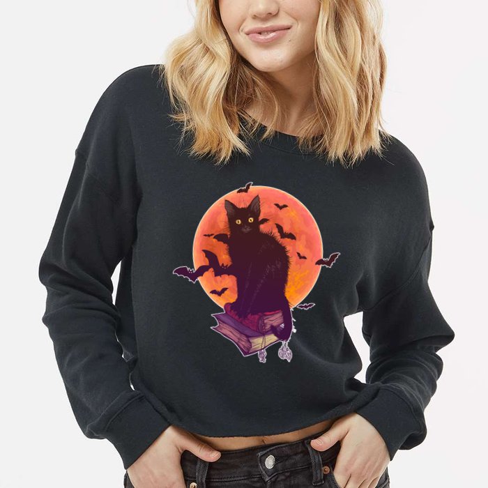 Cool Halloween Black Cat Moon Cropped Pullover Crew