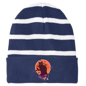 Cool Halloween Black Cat Moon Striped Beanie with Solid Band