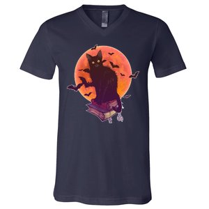 Cool Halloween Black Cat Moon V-Neck T-Shirt