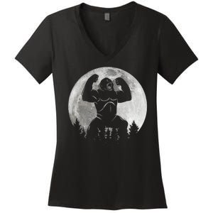 Cool King Kong Monster Full Moon Women's V-Neck T-Shirt