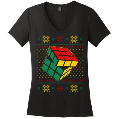 Cool Retro Classic Cube Ugly Christmas Sweater Women's V-Neck T-Shirt