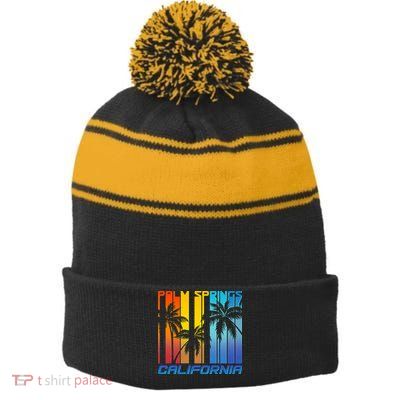 Cool Retro Palm Springs California  Stripe Pom Pom Beanie