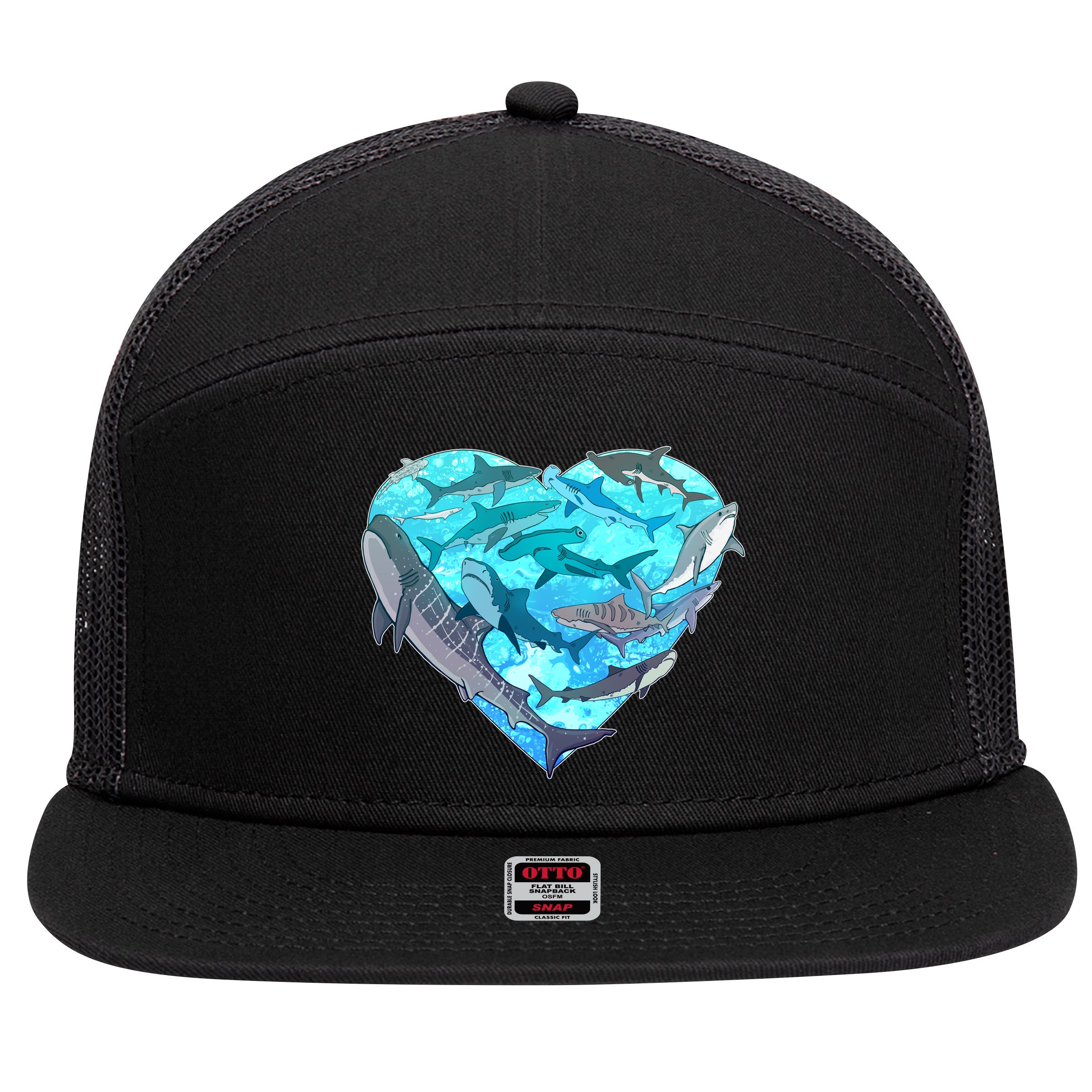 Cool Shark Love Heart 7 Panel Mesh Trucker Snapback Hat