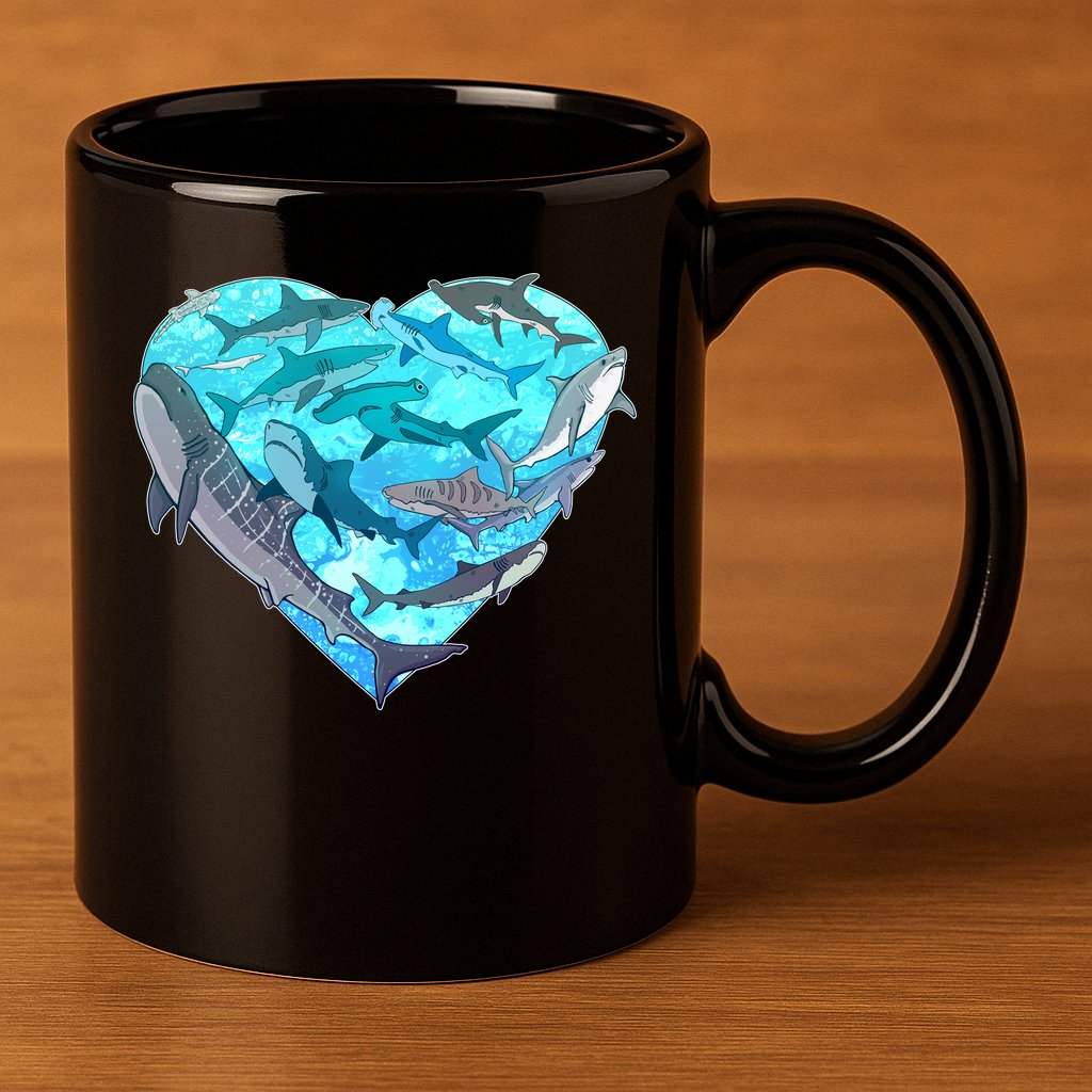 Cool Shark Love Heart 11oz C Handle Ceramic Mug