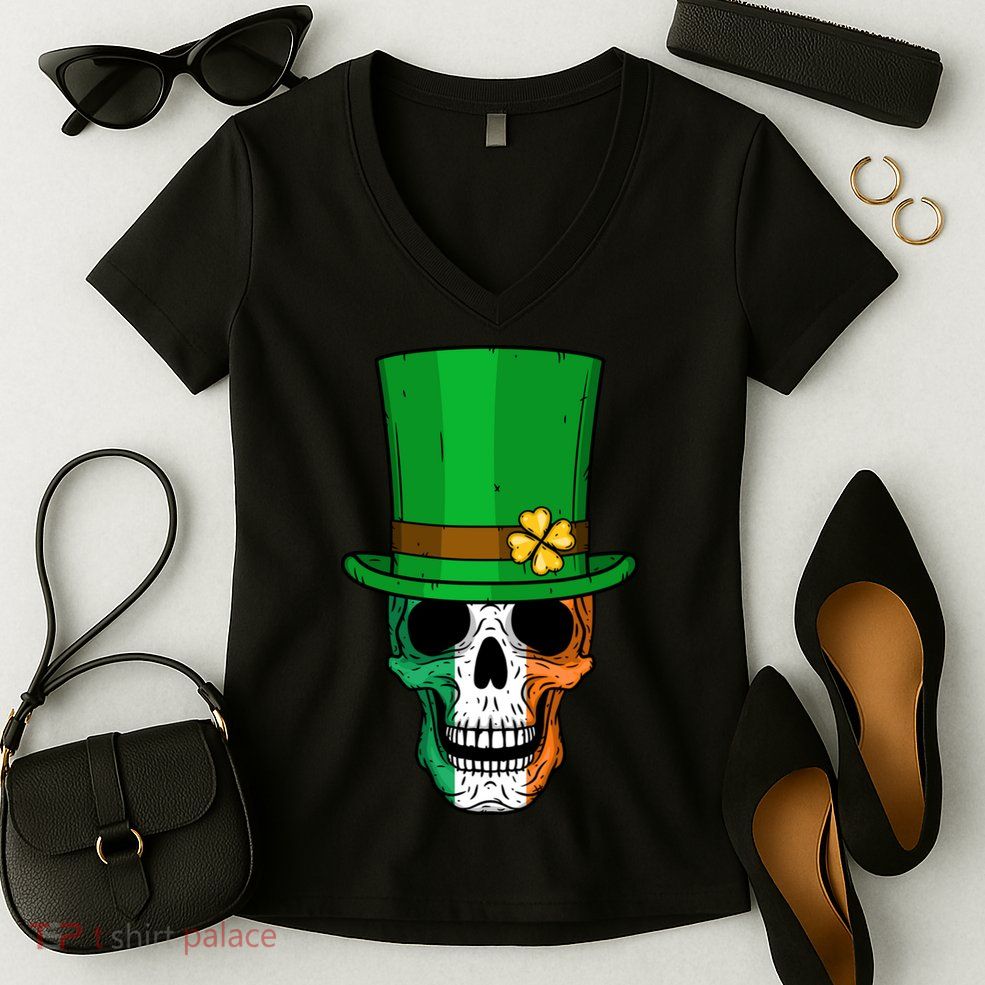 Cool St. Patricks Day Irish Skull Women's V-Neck T-Shirt