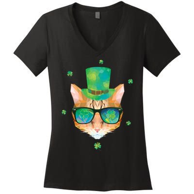 Cool St.Patrick's Day Clover Cat Women's V-Neck T-Shirt