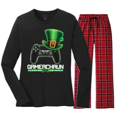 Cool St Patrick's Day Gamerchaun Game Controller Leprechaun Women's Long Sleeve Flannel Pajama Set 