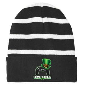 Cool St Patrick's Day Gamerchaun Game Controller Leprechaun Striped Beanie with Solid Band