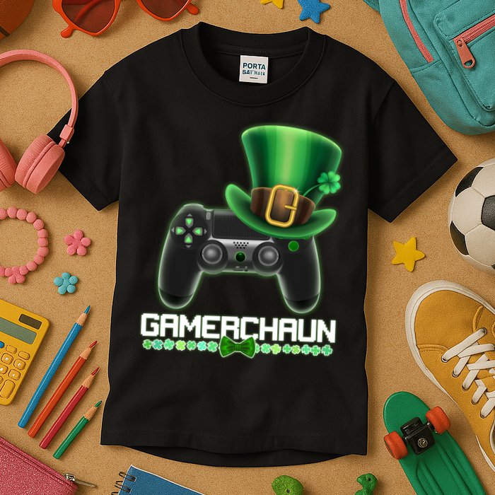 Cool St Patrick's Day Gamerchaun Game Controller Leprechaun Kids T-Shirt