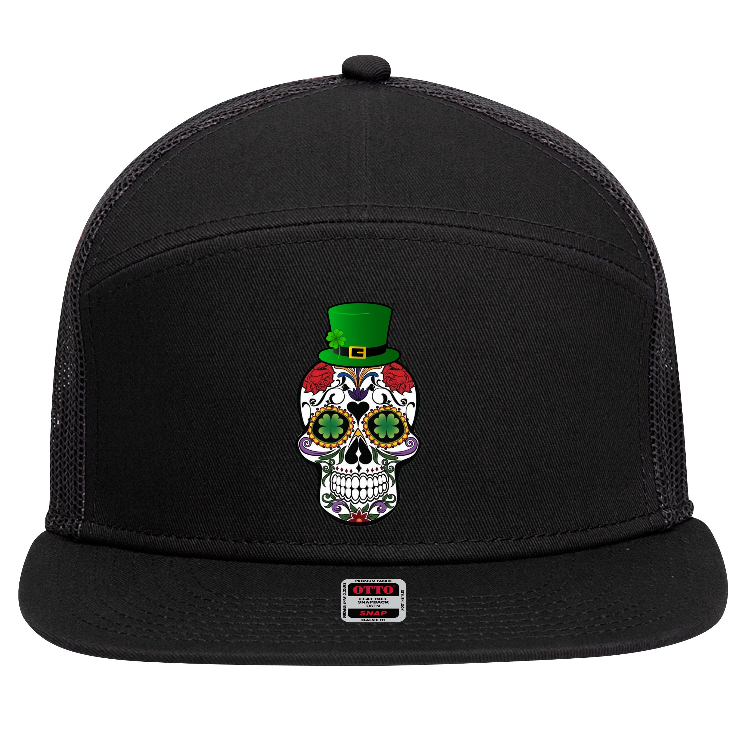 Cool St Patricks Day Irish Day Of The Dead Skull 7 Panel Mesh Trucker Snapback Hat
