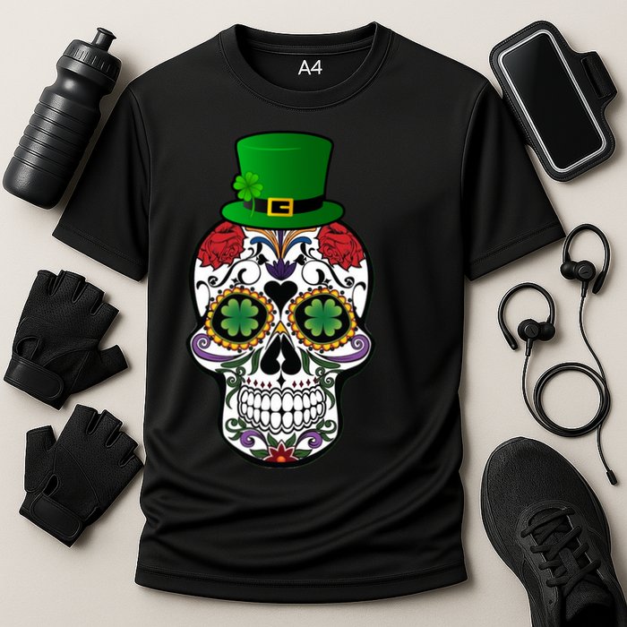 Cool St Patricks Day Irish Day Of The Dead Skull Cooling Performance Crew T-Shirt