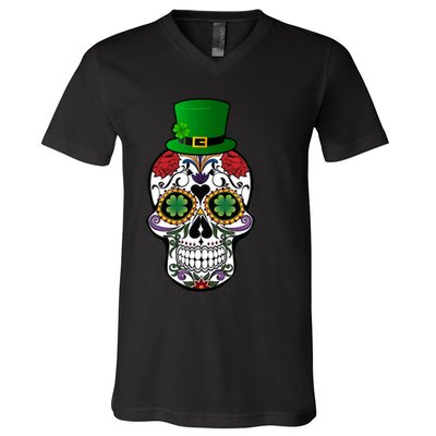 Cool St Patricks Day Irish Day Of The Dead Skull V-Neck T-Shirt