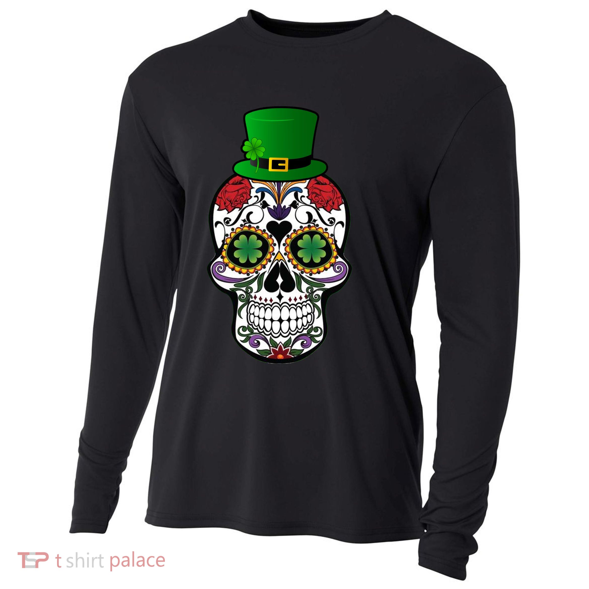 Cool St Patricks Day Irish Day Of The Dead Skull Cooling Performance Long Sleeve Crew