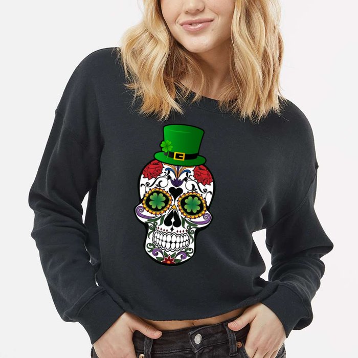 Cool St Patricks Day Irish Day Of The Dead Skull Cropped Pullover Crew