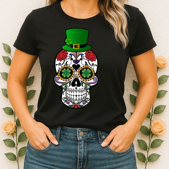 Cool St Patricks Day Irish Day Of The Dead Skull Womens T-Shirt