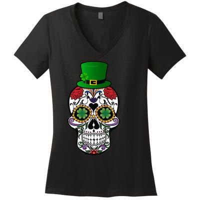 Cool St Patricks Day Irish Day Of The Dead Skull Women's V-Neck T-Shirt