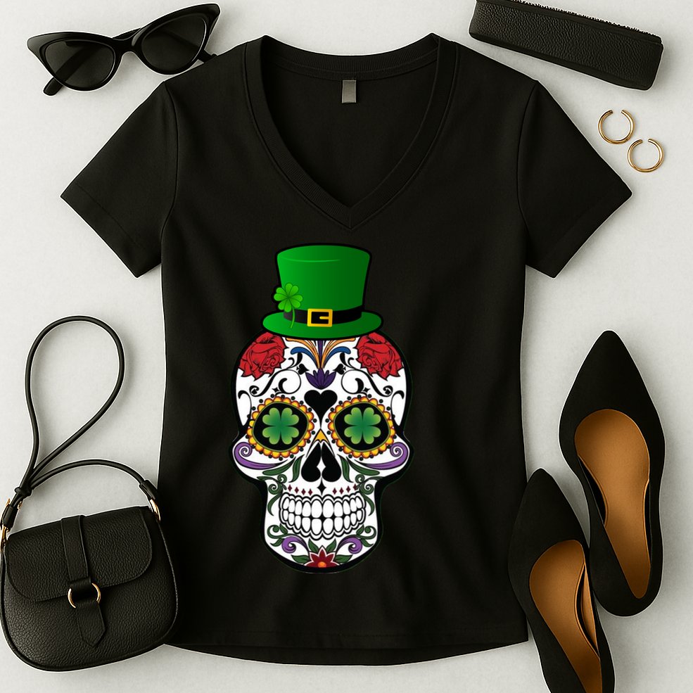 Cool St Patricks Day Irish Day Of The Dead Skull Women's V-Neck T-Shirt
