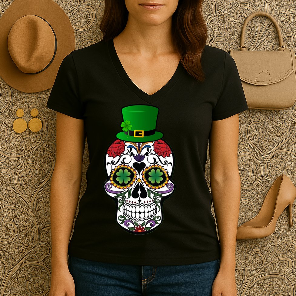 Cool St Patricks Day Irish Day Of The Dead Skull Women's V-Neck T-Shirt