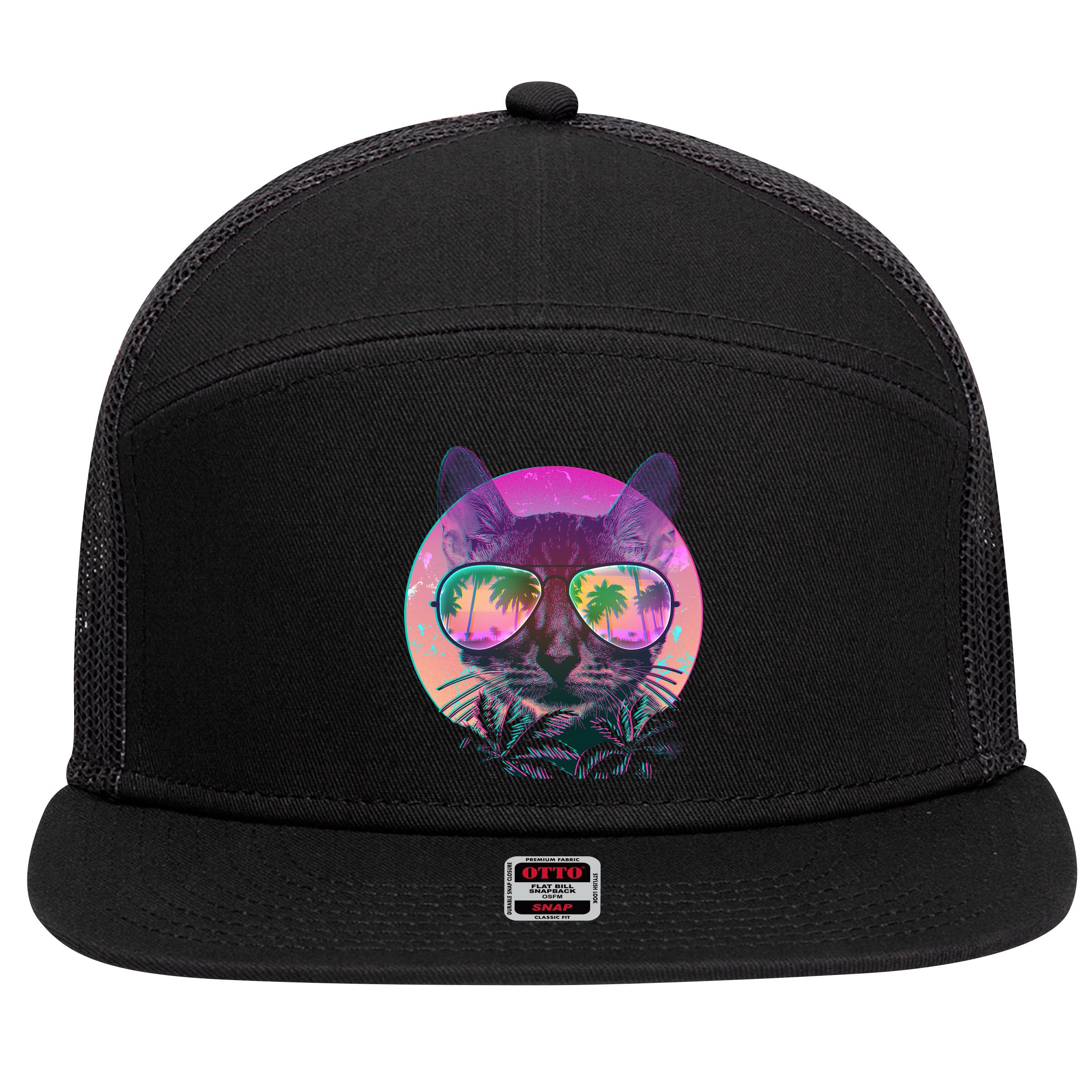 Cool Tropical Shade Cat 7 Panel Mesh Trucker Snapback Hat