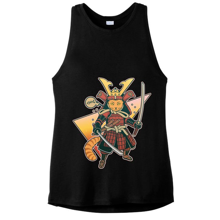 Cool Vintage Japanese Neko Cat Samurai Warrior Ladies PosiCharge Tri-Blend Wicking Tank