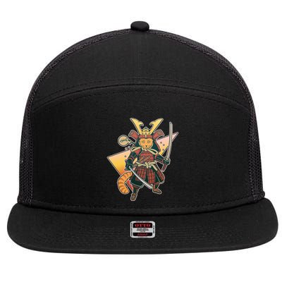 Cool Vintage Japanese Neko Cat Samurai Warrior 7 Panel Mesh Trucker Snapback Hat