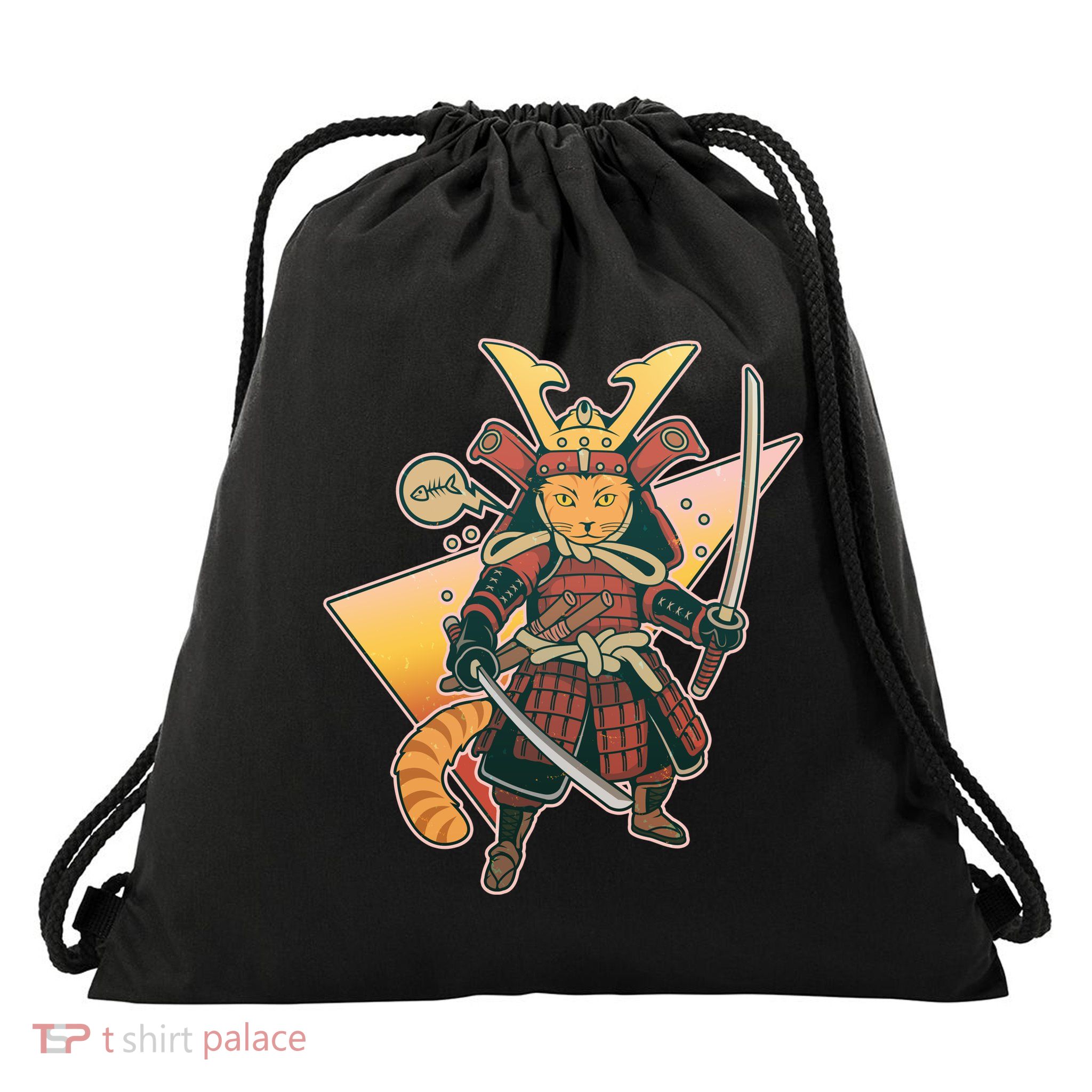 Cool Vintage Japanese Neko Cat Samurai Warrior Drawstring Bag
