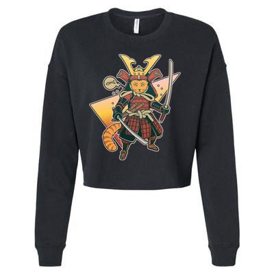 Cool Vintage Japanese Neko Cat Samurai Warrior Cropped Pullover Crew