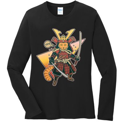 Cool Vintage Japanese Neko Cat Samurai Warrior Ladies Long Sleeve Shirt