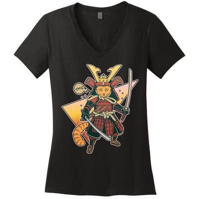 Cool Vintage Japanese Neko Cat Samurai Warrior Women's V-Neck T-Shirt
