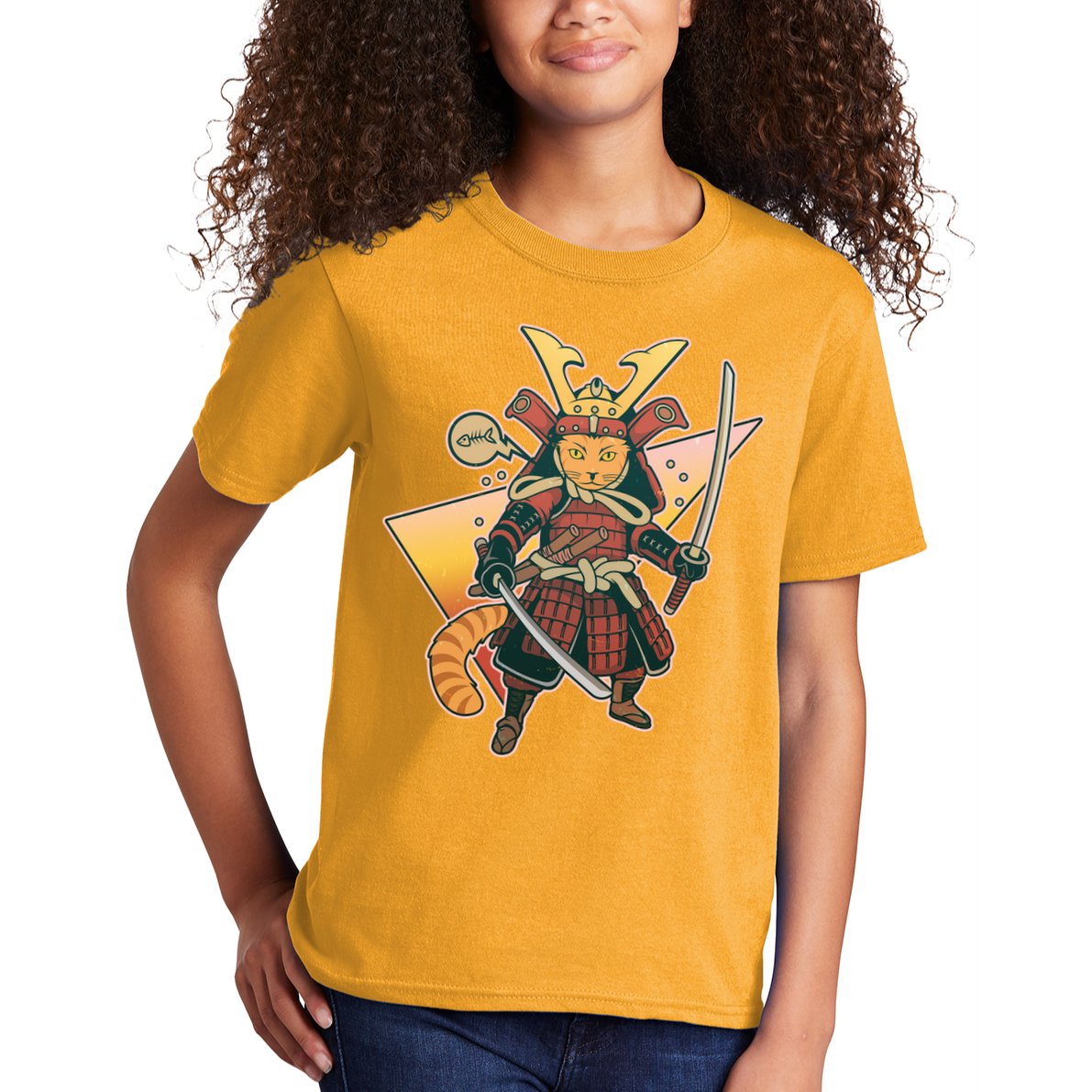 Cool Vintage Japanese Neko Cat Samurai Warrior Kids T-Shirt