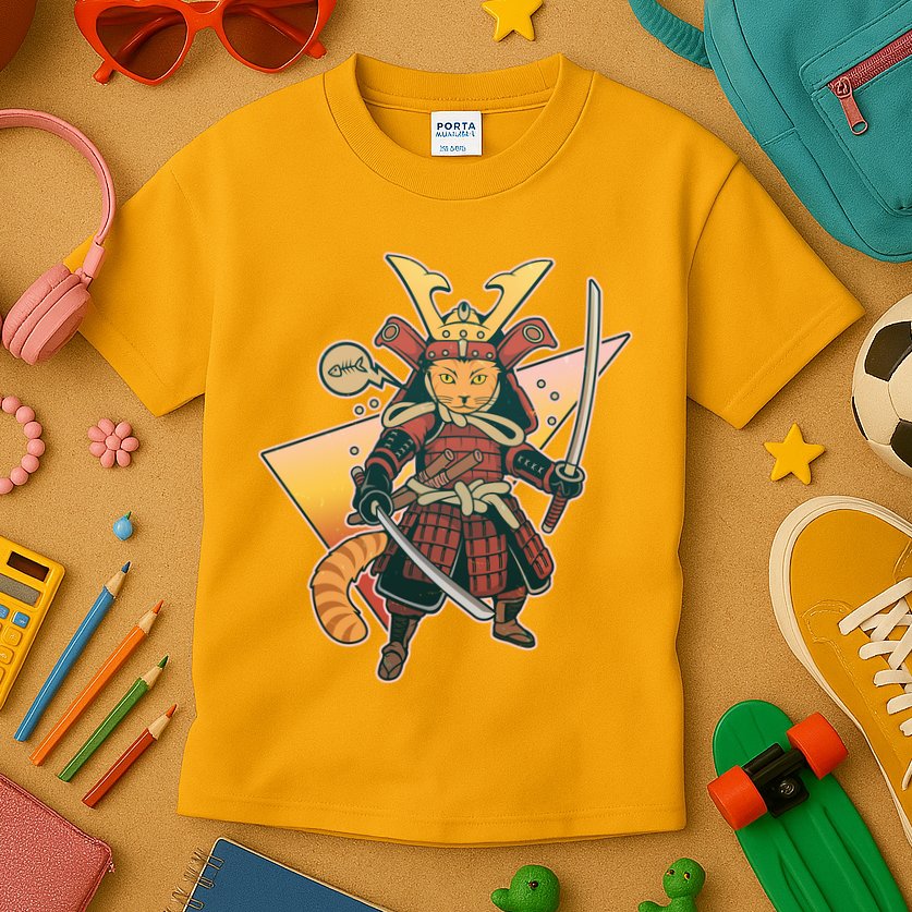Cool Vintage Japanese Neko Cat Samurai Warrior Kids T-Shirt