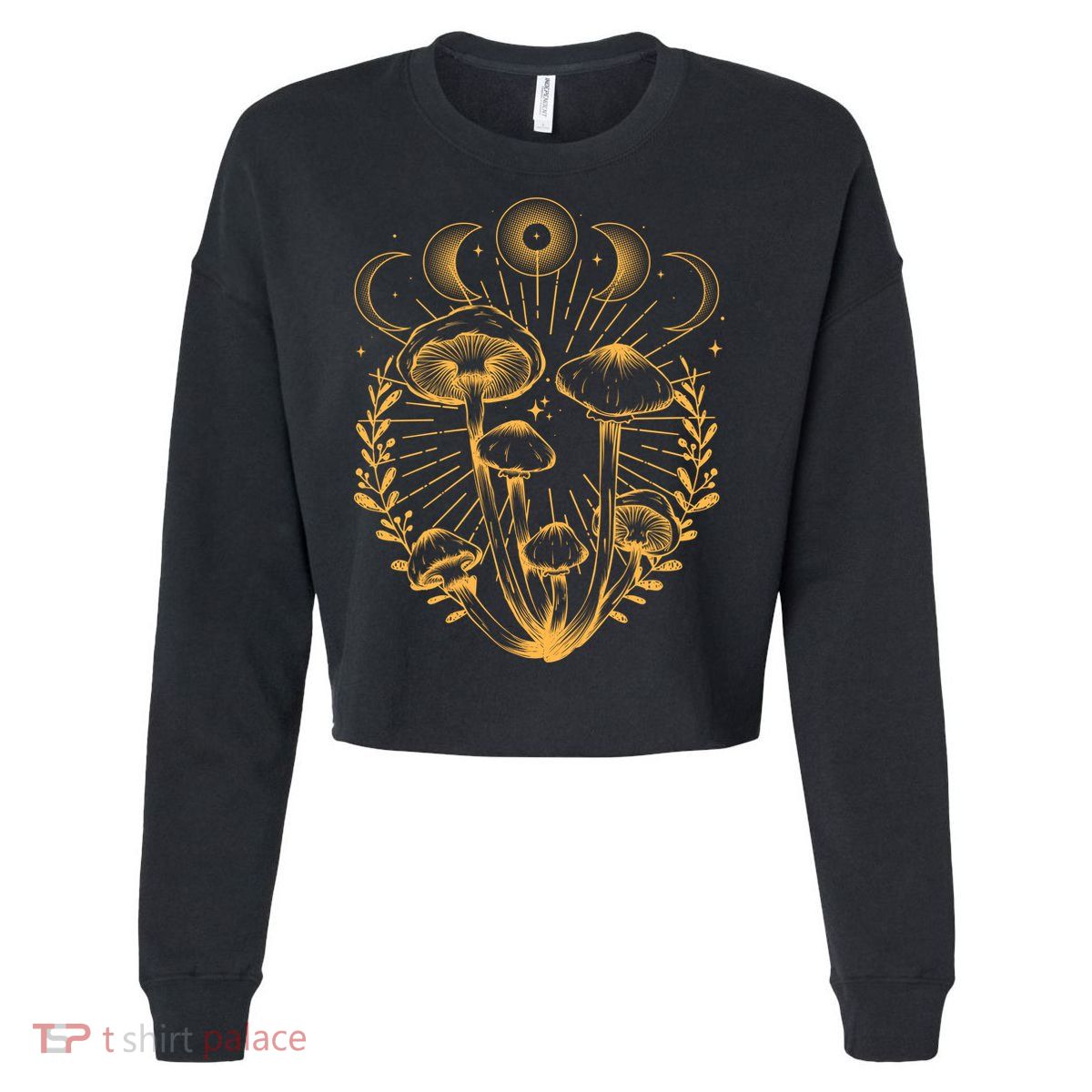 Cool Vintage Mushrooms And Moon Phases  Cropped Pullover Crew