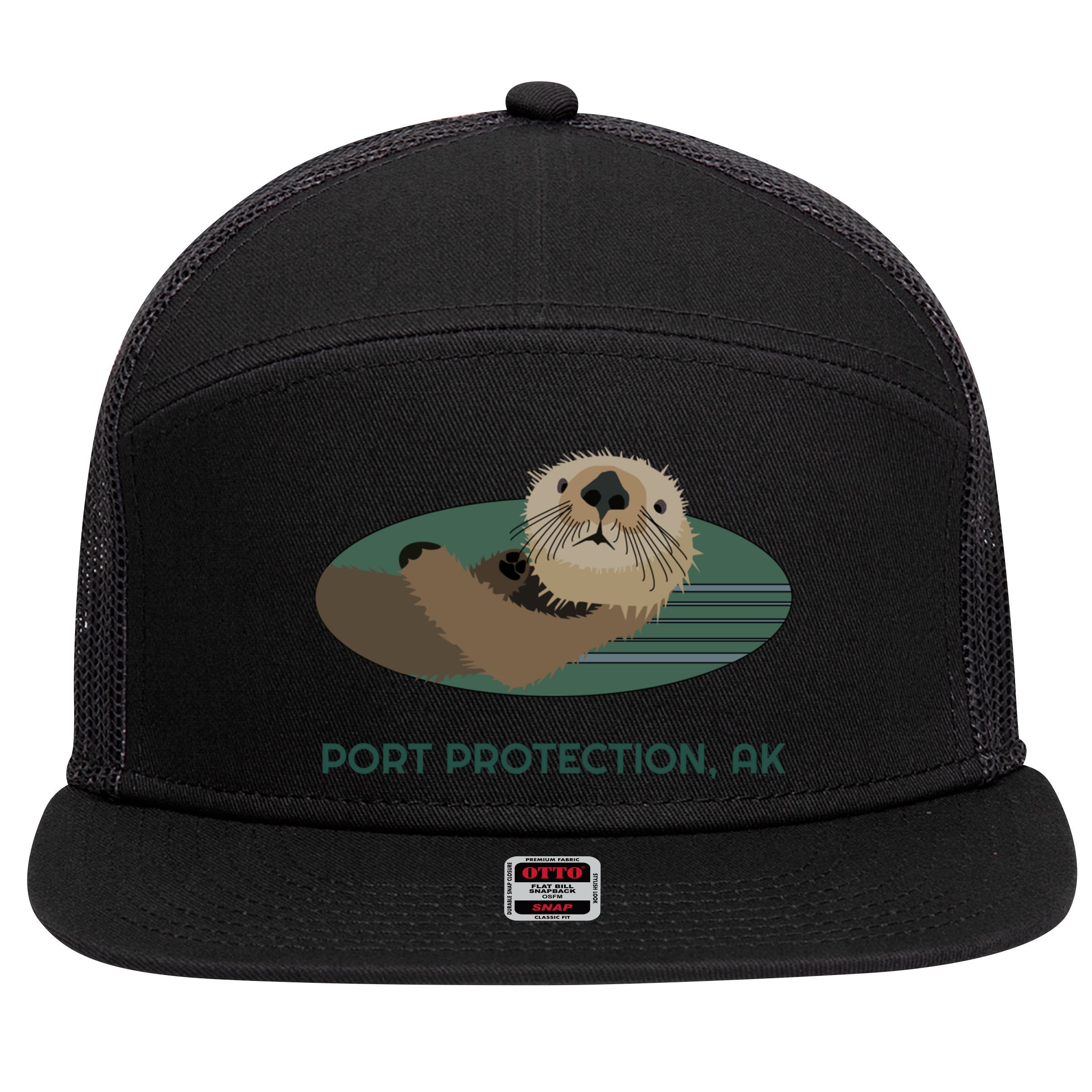 Cute Otter Port Protection Alaska Coast Resident Fisherman Funny Gift 7 Panel Mesh Trucker Snapback Hat