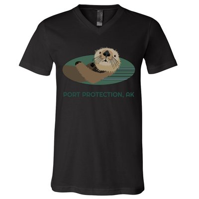 Cute Otter Port Protection Alaska Coast Resident Fisherman Funny Gift V-Neck T-Shirt