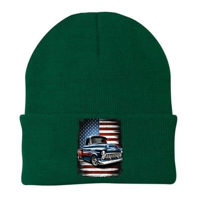 Classic Old Pickup Truck American Flag 4th Of July Patriotic Knit Cap Winter Beanie