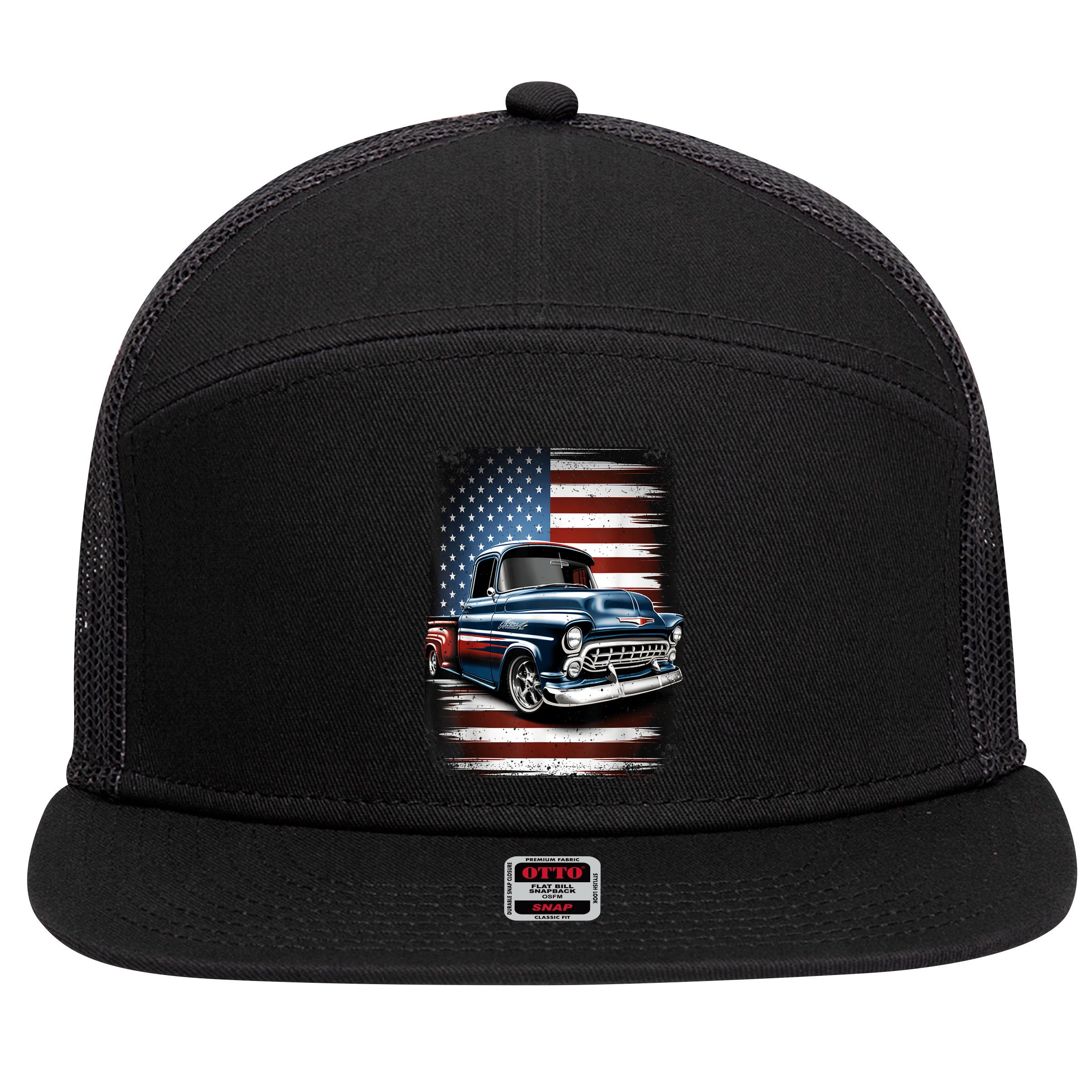 Classic Old Pickup Truck American Flag 4th Of July Patriotic 7 Panel Mesh Trucker Snapback Hat