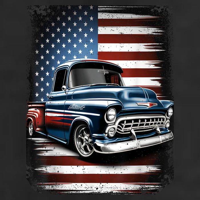Classic Old Pickup Truck American Flag 4th Of July Patriotic 7 Panel Mesh Trucker Snapback Hat