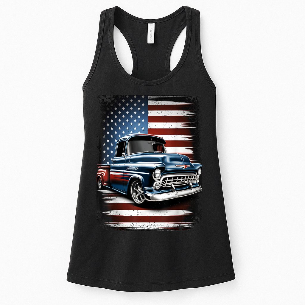 Classic Old Pickup Truck American Flag 4th Of July Patriotic Womens Tank Top