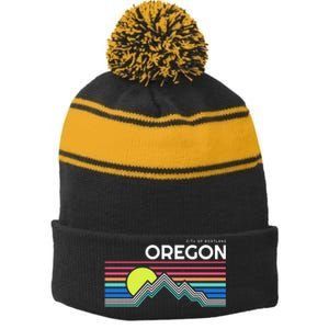 City Of Portland Oregon Retro Sunset Stripe Pom Pom Beanie