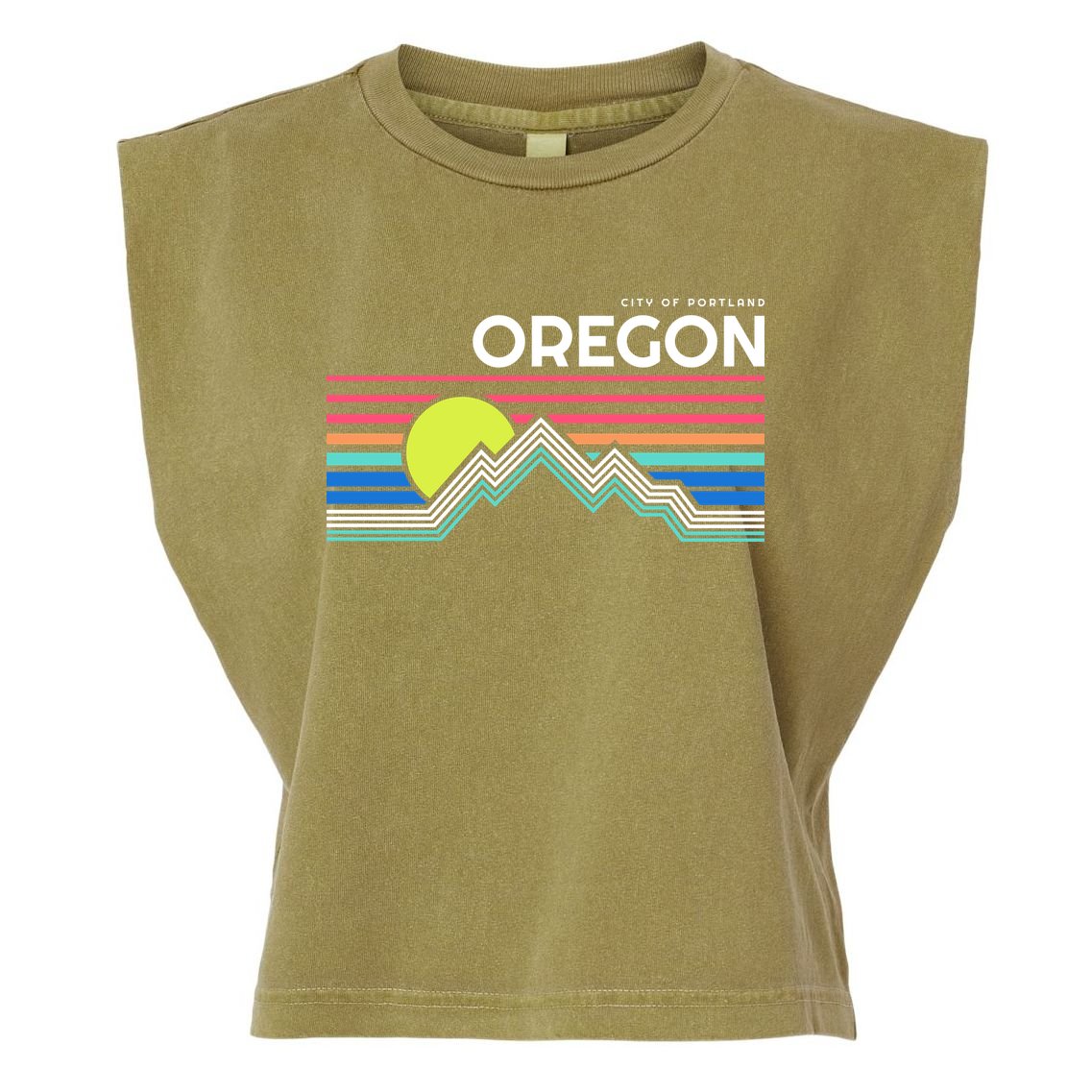 City Of Portland Oregon Retro Sunset Garment-Dyed Women's Muscle Tee