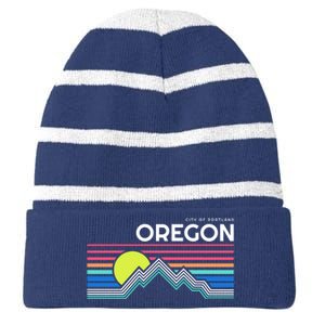 City Of Portland Oregon Retro Sunset Striped Beanie with Solid Band