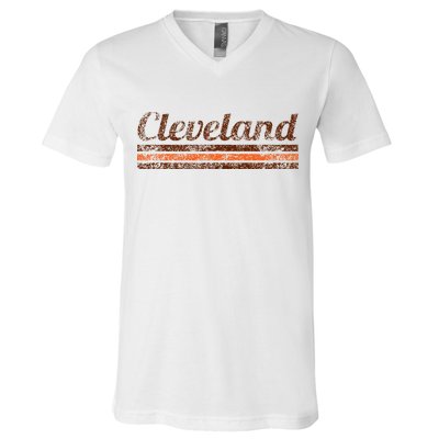 Cleveland Ohio Retro Vintage Weathered Stripe Throwback V-Neck T-Shirt
