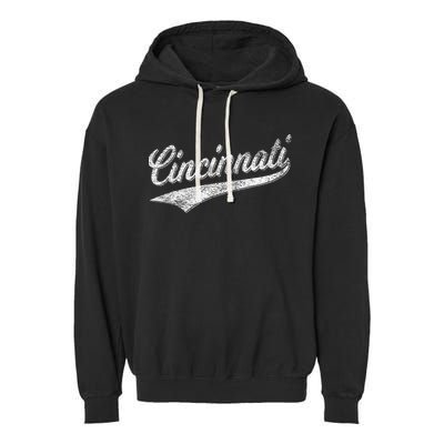 Cincinnati Ohio Retro Script Sports Jersey Flag Garment-Dyed Fleece Hoodie