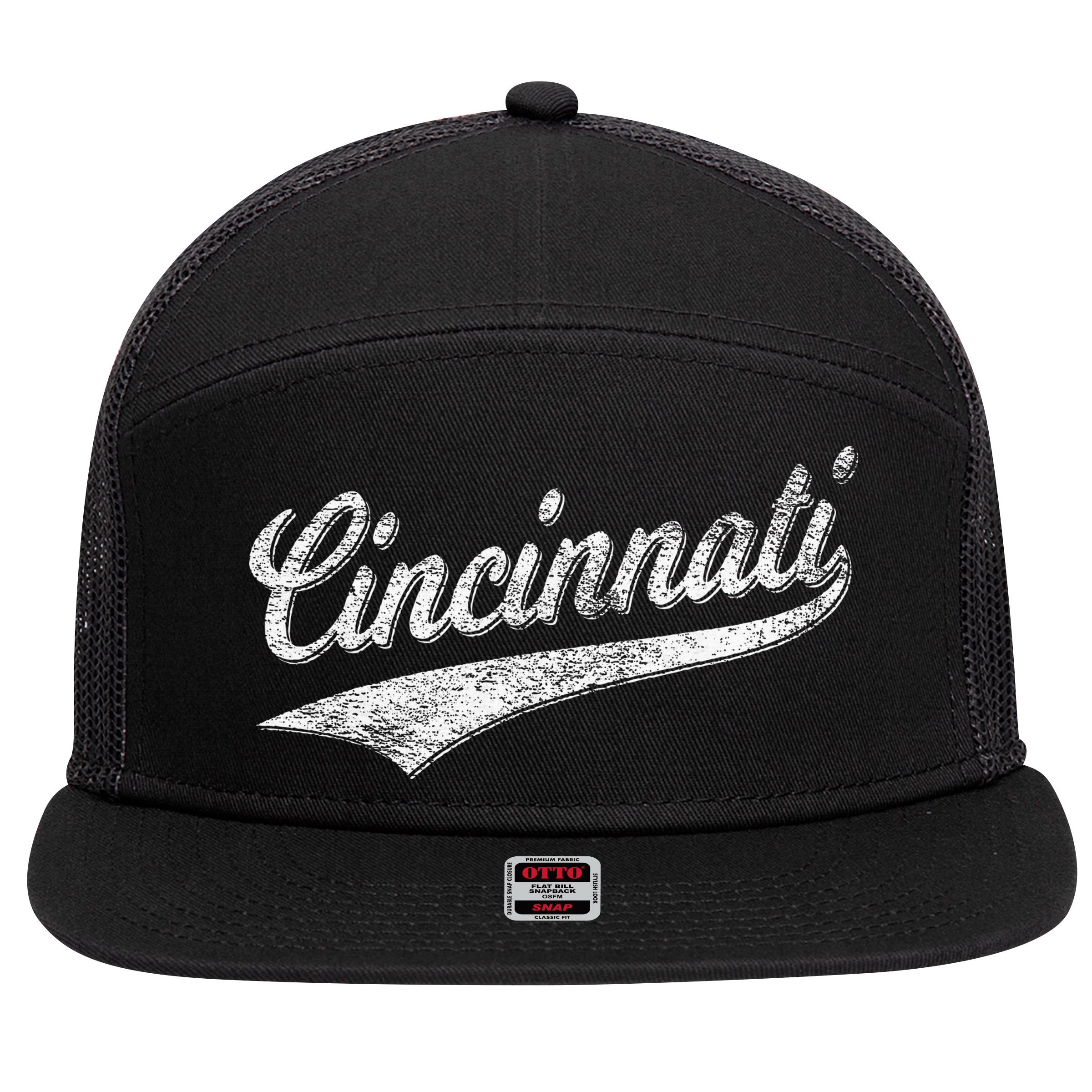 Cincinnati Ohio Retro Script Sports Jersey Flag 7 Panel Mesh Trucker Snapback Hat